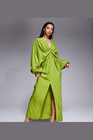 ASOS ASOS DESIGN Petite plunge elasticated maxi dress with blouson sleeve in lime