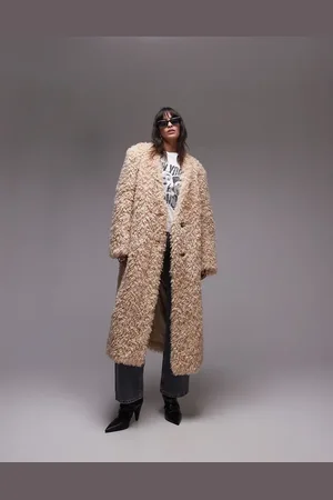 Topshop Faux fur collarless long coat in honey
