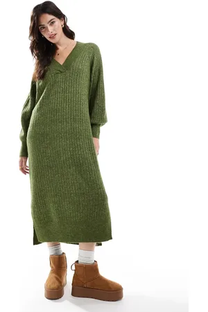 VERO MODA Oversized soft ribbed jumper dress in khaki melange