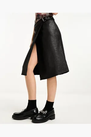 Weekday Oda faux leather midi skirt with belt and hardware details in