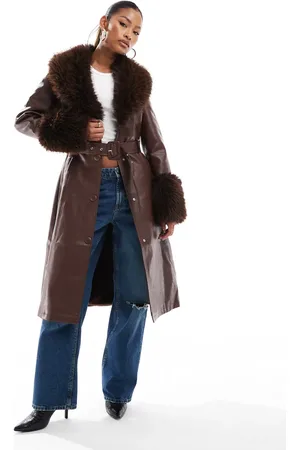 AZALEA WANG Kaya trench coat with faux fur trim in leather
