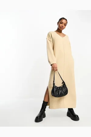 The Frolic Exclusive soft oversized knitted v-neck maxi dress in tan