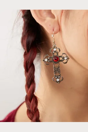 Reclaimed Antique cross earrings with faux red stone in gold