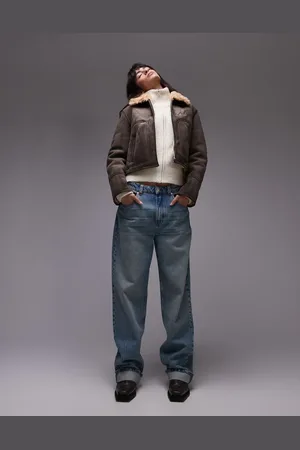 MANGO Suede look cropped aviator with shearling collar in