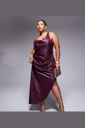 ASOS ASOS DESIGN Curve draped one shoulder PU cami wrap midi dress in burgundy