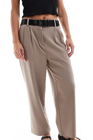 ASOS ASOS DESIGN Petite wide leg paper bag tailored trousers with belt trim in taupe