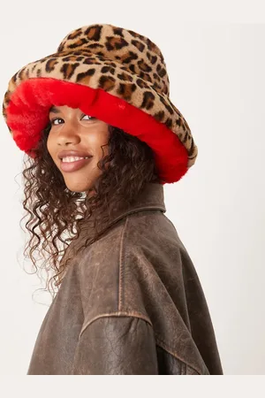 My Accessories Oversized faux fur bucket hat in leopard print and red