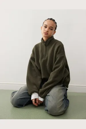 Weekday Carro half zip fleece sweatshirt in khaki