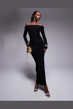 Kaiia Exclusive slinky bardot tie side drape detail maxi dress in