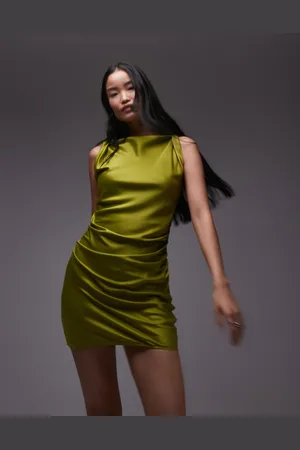 Topshop Twist shoulder slip mini dress in olive