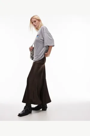Topshop Satin panelled seam godet maxi skirt in cocoa