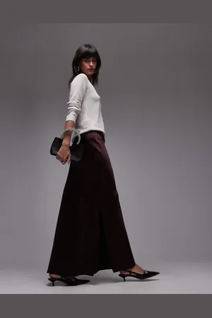 MANGO Side split silk maxi skirt in black