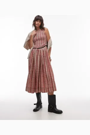 Free People Check shirred bow detail midi dress in