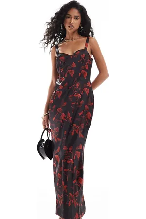 The Frolic Exclusive corset detail bodycon maxi dress in black rose print
