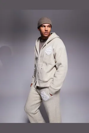 The Couture Club Co-ord fluffy knit emblem zip through hoodie in beige