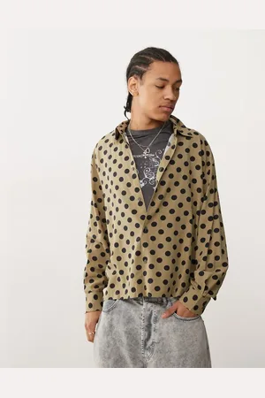 Weekday Oversized long sleeve shirt in khaki with black polka dots