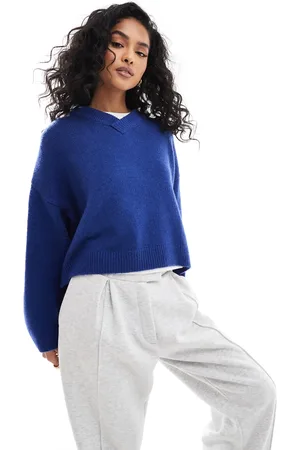 ASOS Fluffy knitted v neck jumper in cobalt