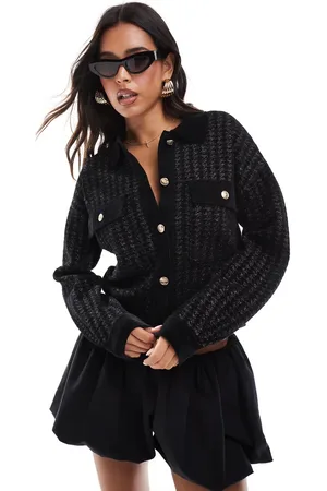 Morgan Knit gold button through pocket detail cardigan black dogtooth