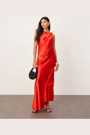 ASOS Sleeveless satin asymmetric detail maxi dress with fringing in