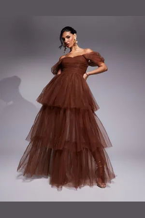 Lace & Beads Off shoulder high low tulle maxi dress in
