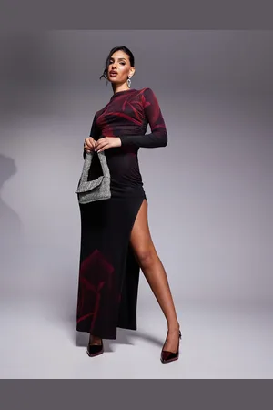 Kaiia X Sasha Corte exclusive high neck thigh split slinky mesh maxi dress in burgundy rose print