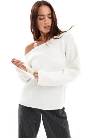 Miss Selfridge Asym off the shoulder slouchy cosy knit jumper in cream