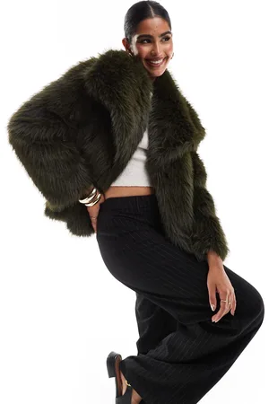 Stradivarius Exaggerated collar detail faux fur jacket in khaki