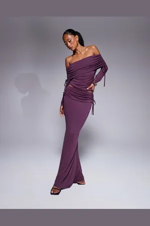 ASOS Fold over waist fishtail maxi skirt with side ruching in modal in burgundy