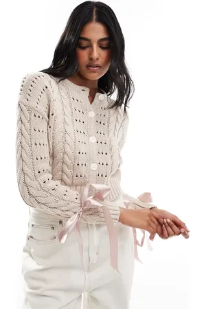 Cotton On Cotton On crew neck cardigan with bow details in stone