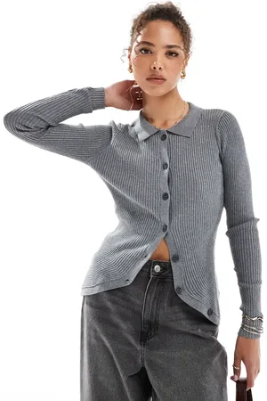 VERO MODA Ribbed knit polo top with curved hem in
