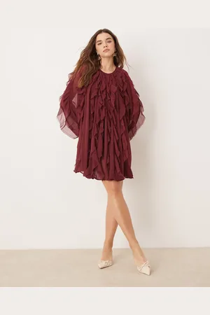 ASOS Raw edge ruffle mini dress with balloon sleeve in burgundy