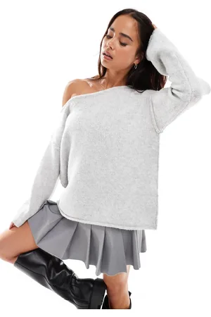 Miss Selfridge Asym off the shoulder slouchy cosy knit jumper in marl