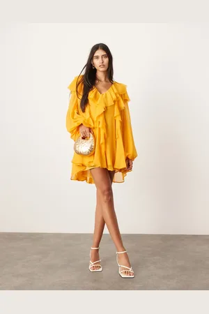 ASOS Chiffon raw edge ruffle mini dress in orange