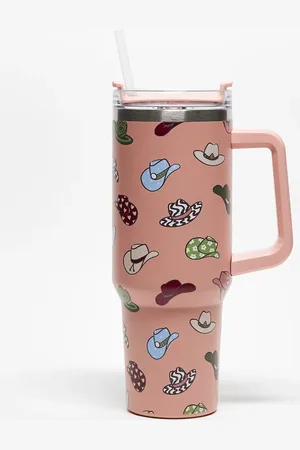 Daisy Street Cowboy print re-usable drinking cup with handle and straw