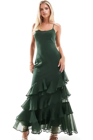 ASOS ASOS DESIGN Petite scoop neck bias maxi dress with ruffle hem in forest