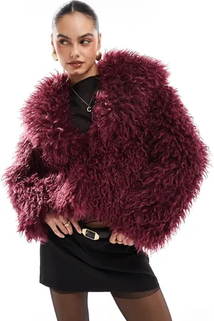 The Frolic X Bella Stovey exclusive oversized collar mongolian faux fur jacket in burgundy