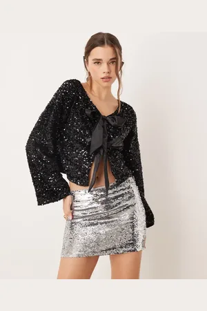 JDY Reversible sequin top with bow detail in
