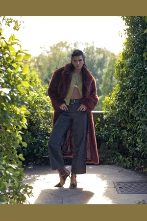 Topshop Faux fur long coat in burgundy