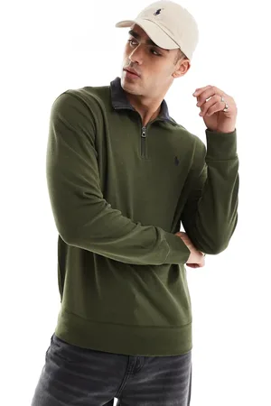 Ralph Lauren Icon logo double knit jacquard half zip sweatshirt in dark