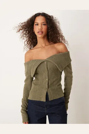 Miss Selfridge Soft brushed rib bardot cardigan in khaki