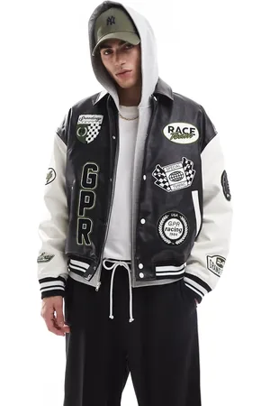 Bershka Faux leather contrast sleeve bomber jacket in