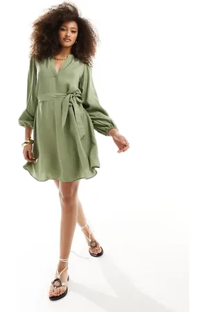 VILA V neck tie waist mini dress in