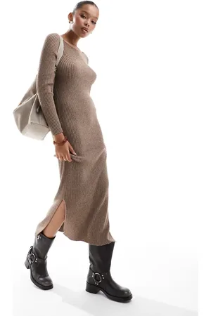 ONLY Boat neck ribbed midaxi dress in beige