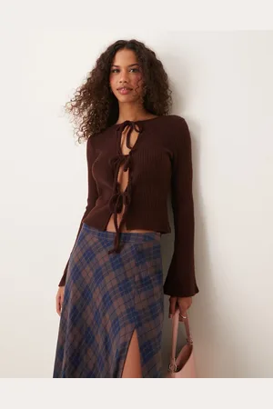 Miss Selfridge Tie front rib cardigan in chocolate