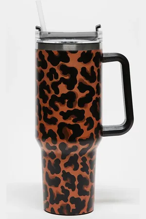 Daisy Street Leopard print re-usable drinking cup with handle and straw