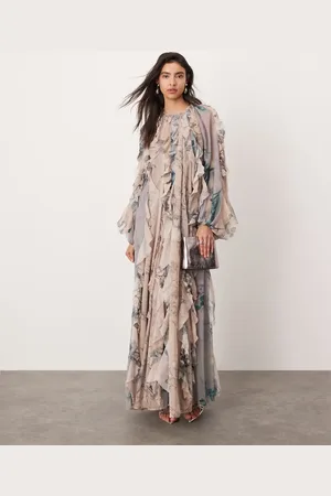 ASOS Chiffon raw edge ruffle maxi dress with balloon sleeve in mixed floral print