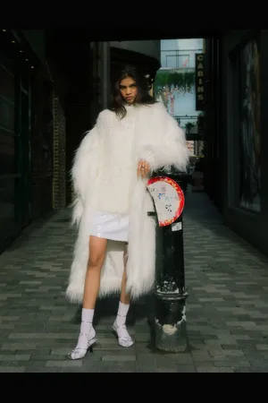 Topshop Faux mongolian fur long coat in white
