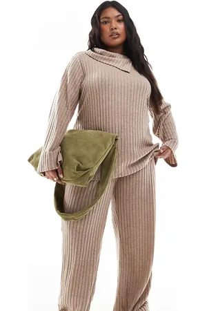 VERO MODA Ribbed jersey wide leg trouser co-ord in beige