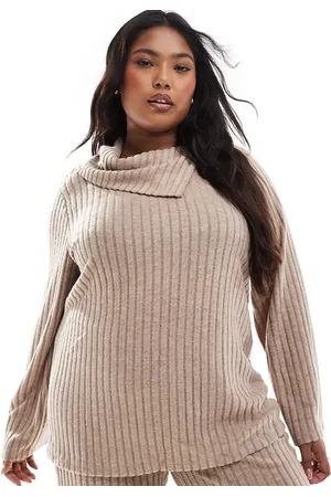 VERO MODA Foldover ribbed jersey top co-ord in beige