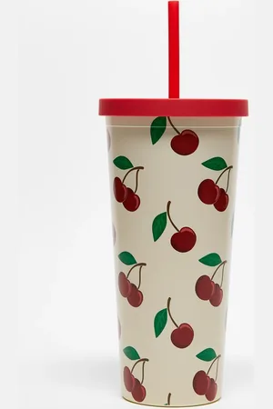 Daisy Street Cherry print re-usable drinking cup and straw